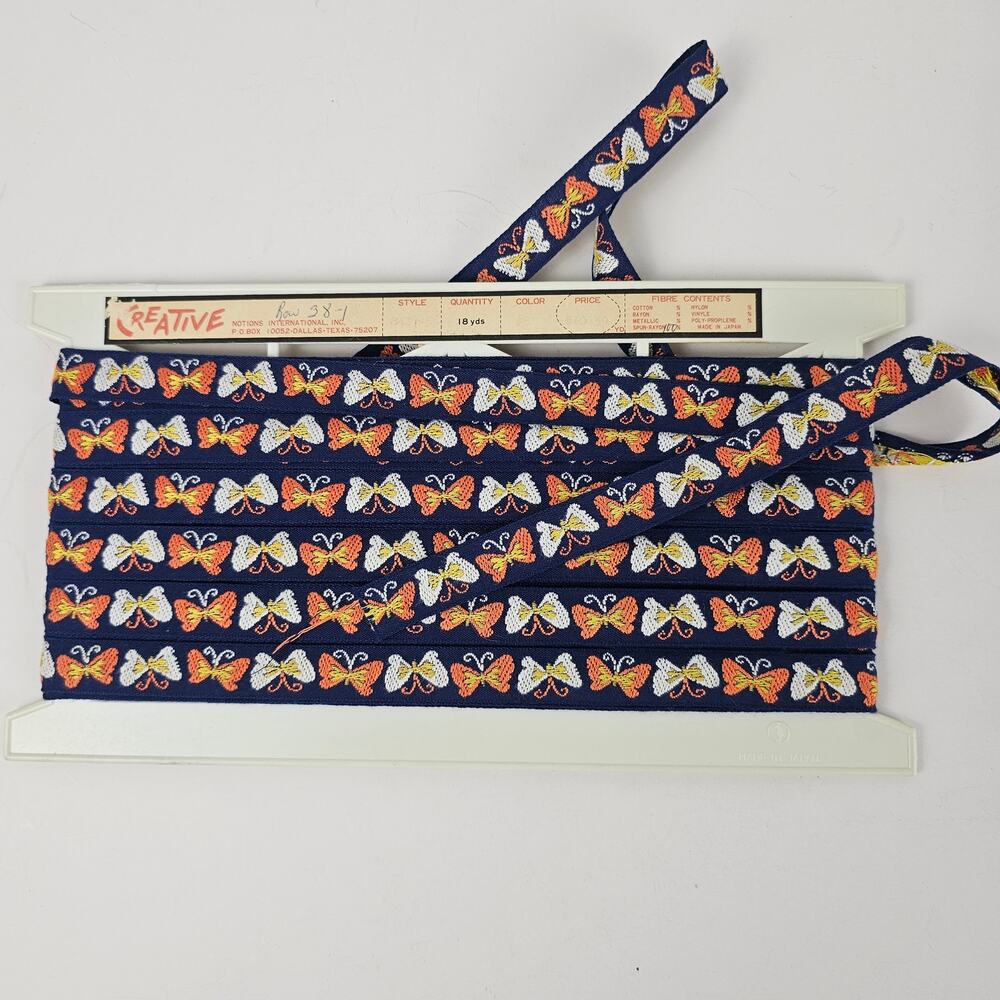 VTG MCM embroidered butterfly trim navy orange yellow white boho 13 yards